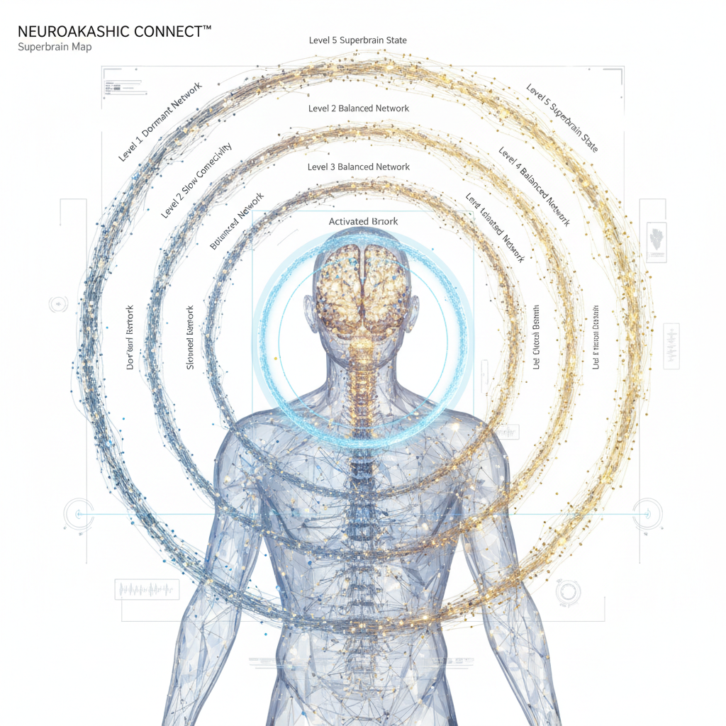 Superbrain Map – neural connectivity visualization showing five activation levels from Dormant Network to Superbrain State